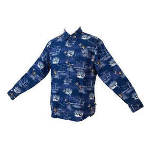 Field Tested Men's Duck Hunting Print Button Down Shirt, Navy Blue Long Sleeve,